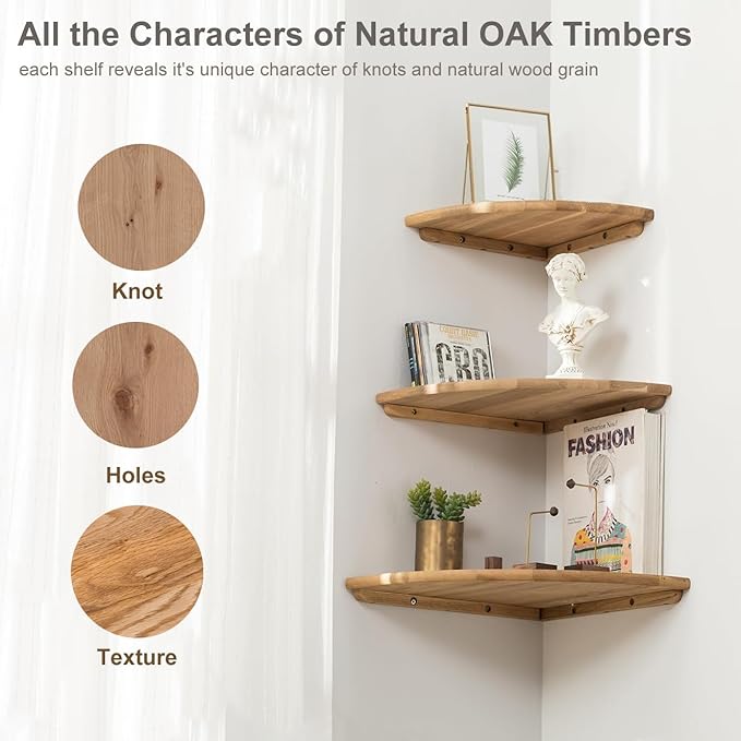 Corner Shelves, Floating Corner Shelf, Set of 2 16inch Solid Oak Wood Wall Shelves, Round End Wall Mount Display Shelf with Wire Hole for Bedroom Kitchen, Living Room