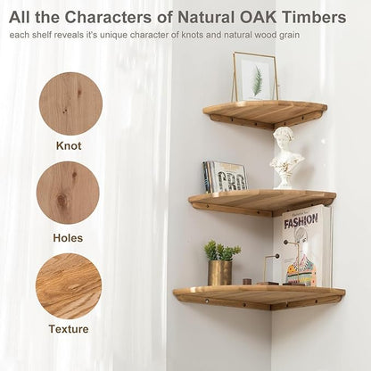 Corner Shelf,16inch Natural Oak Solid Wood Floating Corner Shelves Wall Mount Round End Floating Speaker Rack with Wire Hole for Small Plant for Bedroom Kitchen, Living Room