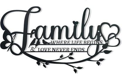 Family Sign Black Metal Wall Art Decor, Oppro Family Where Life Begins Love Never Ends Wrought Iron Wall Decorations, Hanging Plaque Letters Signs Home Decor for Living Room Bedroom Dining Room Kitchen Mother's Day Father's Day