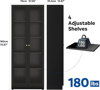 5 Tier Metal Curio Cabinets, Modern Bookshelf Cabinet with 4 Adjustable Shelves, Cabinet Display Case for Home Office, Living Room, Pantry (Black-27.5W)