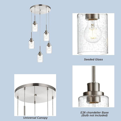 5 Light Farmhouse Pendant Lighting for Kitchen Island,Brushed Nickel Dining Room Cluster Pendant Light Fixtures Hanging Ceiling with Seeded Glass,Modern Pendant Light for Entrance Stairwell
