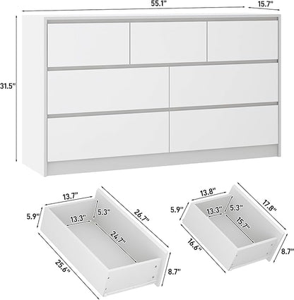 White Malm Dresser for Bedroom, 55 Inch Full High Gloss Dresser with 7 Drawers, Modern Large Wood Chest of Drawer Handle Free, Living Room, Entryway, Hallway, White