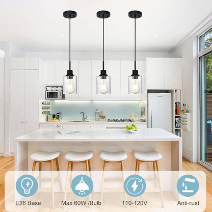 Modern Farmhouse Mini Chandeliers 3 Pack Black Pendant Lights Kitchen Island with Seeded Glass, Dining Room Lighting Fixtures Hanging Ceiling for Sink Bar Hallway Porch Corridor Bedroom