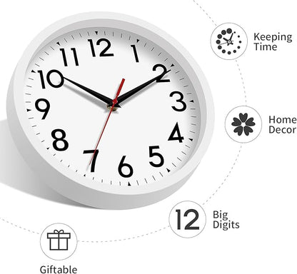 Wall Clock Modern Battery Operated 10 Inch Simpel Silent Non Ticking Analog Decorative for Kitchen Bathroom Bedroom Office Living Room School Classroom(White)