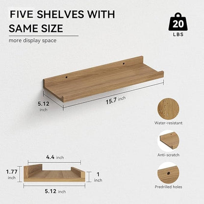RICHER HOUSE 5 Set Floating Shelves for Wall Decor, Wall Mounted Book Shelf, Nursery Shelves Picture Ledge Shelf with Lip for Wall Storage, Bedroom, Living Room, Bathroom - Oak