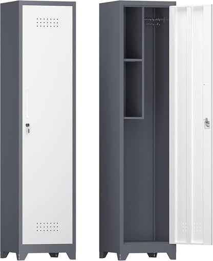 Storage Cabinet,Slim Broom Closet Storage Cabinets with Lockable Doors,Narrow Utility Cabinets with Hanging Rod,Tall Broom Closet for Laundry,Home Office,Grey-White