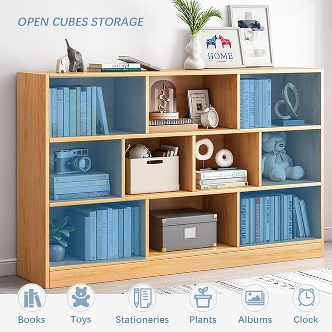 IOTXY Open Shelf Low Bookcase - Wooden 3-Tier Floor Standing Display Cabinet Organizer with Base, 5 Cubes Short Horizontal Bookshelf in Warm White