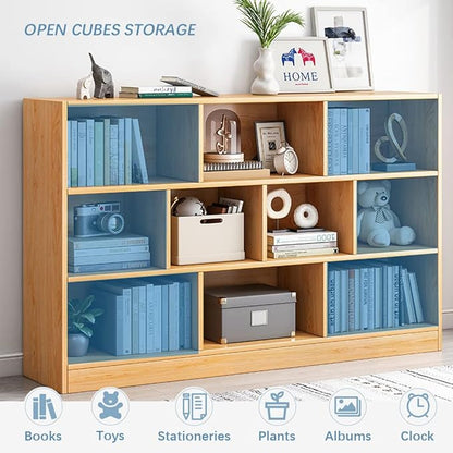 IOTXY Open Shelf Low Bookcase - Wooden 3-Tier Floor Standing Display Cabinet Organizer with Base, 10 Cubes Short Horizontal Bookshelf in Bright Blue