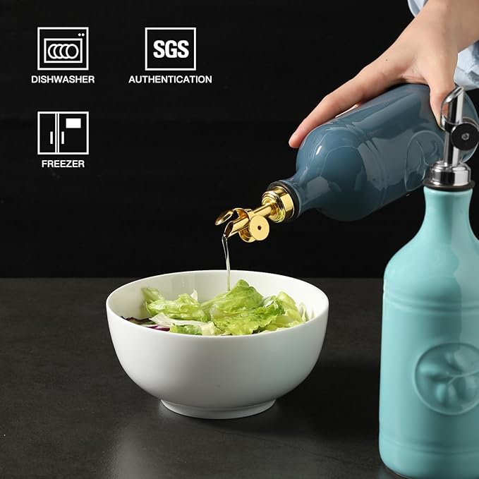 Sweejar 16 Oz Ceramic Olive Oil Dispenser Bottle, Oil Dispenser for Kitchen with Gravity Spout, Relief Opaque Oil Container for Evoo, Avocado Oil, Vinegar, Soy Sauce, 1 Pack(Turquoise, Silver Spout)