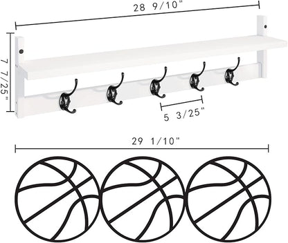 BAMEOS Wall-Mounted Wood Shelf with 5 Dual Hooks for Bathroom, Living Room, Bedroom (White-with Shelf)