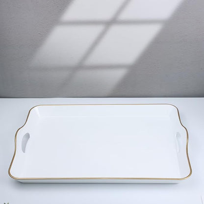 Spsyrine White Decorative Serving Tray with Handles, Elegant Plastic Coffee Table Tray for Ottoman, Living Room, Home Decor