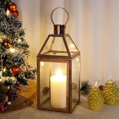 JHY Design Rose Gold Decorative Lanterns 16 inch High Stainless Steel Candle Lanterns with Tempered Glass for Indoor Outdoor Events Parities and Weddings
