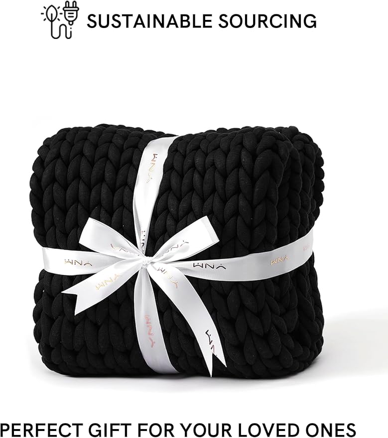 YnM Chunky Throw Blanket, Medium-Weight, Hand Knitted, Skin Friendly, Ventilated and Breathable, Machine Washable, Home Décor Piece for Couch, Sofa and Bed (Black, 60x80 Inch)