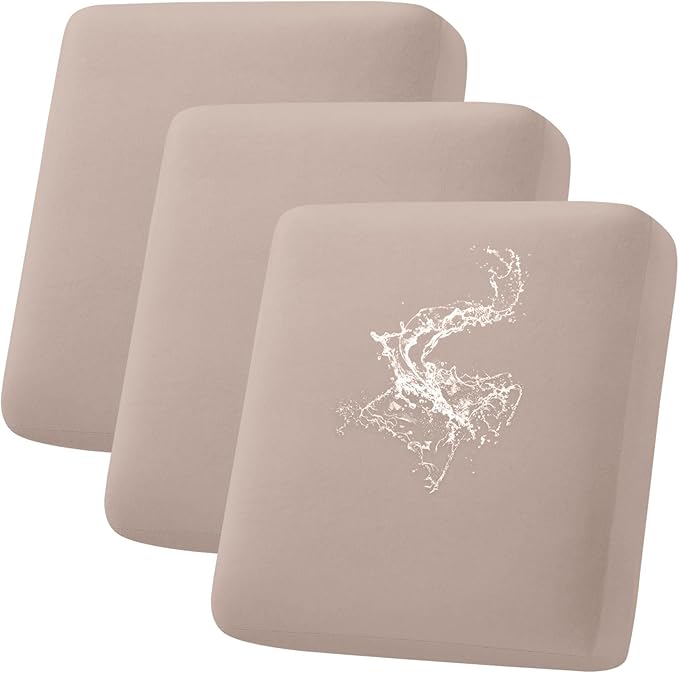 hyha Waterproof Couch Cushion Covers, Stretch Sofa Couch Seat Slipcover for Dog Washable, Non-Slip Waterproof Outdoor Cushion Covers for Patio Furniture Replacement (3 Pieces, Taupe)