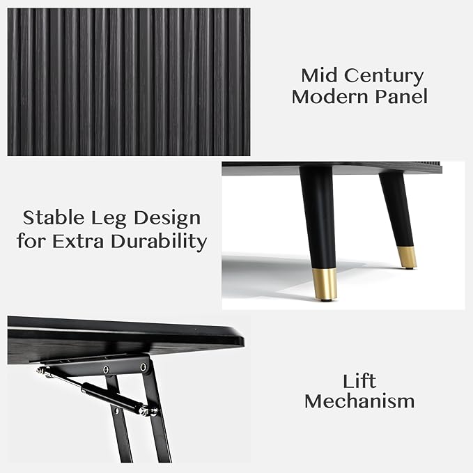 Lift Top Coffee Table with Storage Shelf & Hidden Compartment, Mid Century Modern Fluted Rectangle Dining Table for Living Room, Home Office,Black