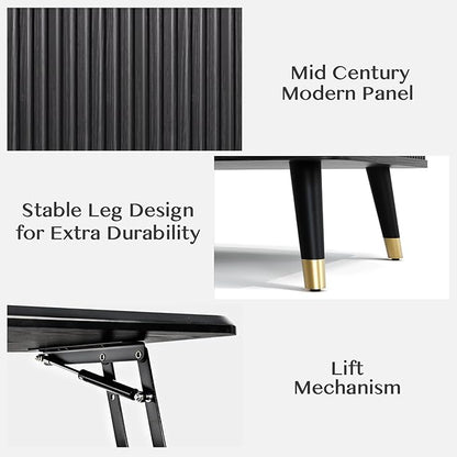 Lift Top Coffee Table with Storage Shelf & Hidden Compartment, Mid Century Modern Fluted Rectangle Dining Table for Living Room, Home Office,Black