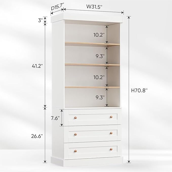 Vyre 71" Tall Farmhouse Bookshelves with Drawers, Set of 3 – Large Modular Bookcase with Adjustable Shelves, Storage Cabinet for Living Room, Kitchen, Home Office, White