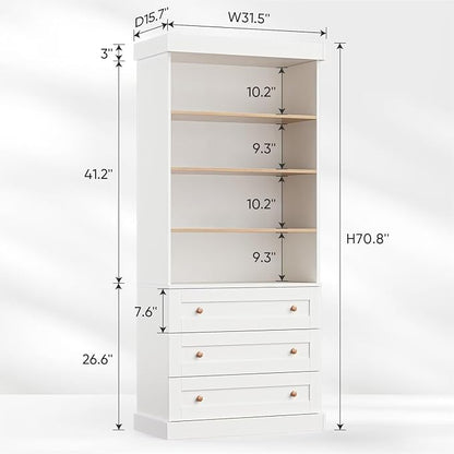 Vyre 71" Tall Farmhouse Bookshelves with Drawers, Set of 3 – Large Modular Bookcase with Adjustable Shelves, Storage Cabinet for Living Room, Kitchen, Home Office, White