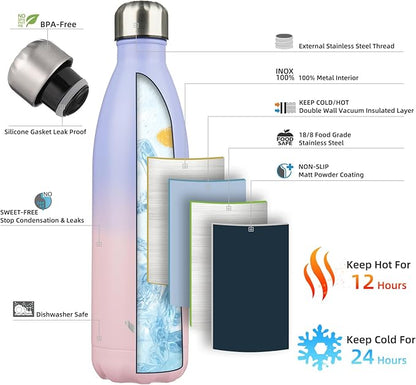 Insulated Water Bottles,25 oz Double Wall Stainless Steel Vacumm Metal Flask for Sports Travel,Pastel Sunset