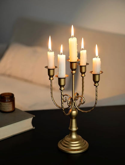 Sziqiqi Gold Candlestick Holder Candelabra - Taper Candle Holders for Wedding Centerpiece 5-Arms Candle Stick Stands for Candlelight Dinner Table Christmas Mantel Festivals