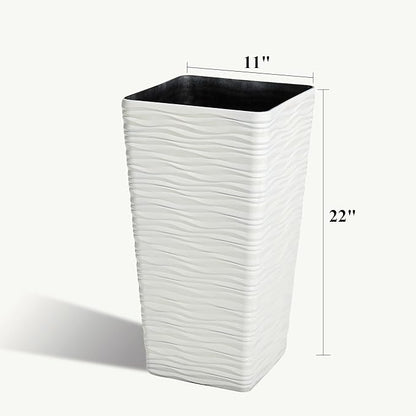 Worth Garden 22" Tall Planters Set of 2 - Plastic White Square Plant Pots - Modern Big Tapered Matte Wavy Tree Flower Pot for Indoor Outdoor Porch Deck