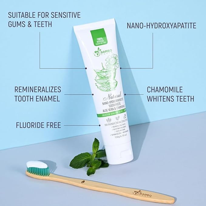 Natural Fluoride Free Toothpaste - Nano Hydroxyapatite, Remineralizing, Sensitive Teeth, Whitening & Zero Waste Tube - Dentist Recommended for Adult & Kids Oral Aloe Vera & Chamomile (Single, Aloe)