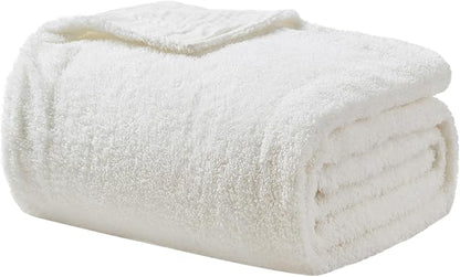 EMME Muslin and Fleece Queen Blanket Reversible - 80"*90" Cream Soft Warm Throw Blankets for Couch Bed Picnic Travel Bed