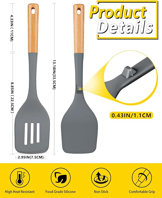 Pack of 2 Large Silicone Spatula, Heat Resistant Solid Turner, Non Stick Slotted Spatulas with Wooden Handle, Ideal Kitchen Utensils for Flipping, Pancakes, Eggs, Fish(GRAY)