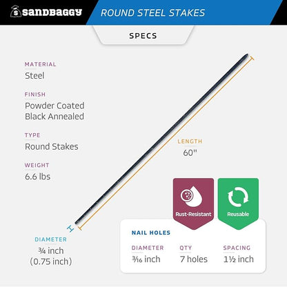 Sandbaggy Round Steel Concrete Form Stakes with Nail Holes - Rust Resistant Coating - Removable, Reusable (20, 3/4 in X 60 in)