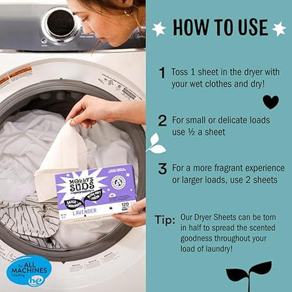 Molly's Suds Fabric Softener Dryer Sheets for Sensitive Skin | Plant-Based Static Reducer, Plastic-Free Packaging | Unscented (120 Sheets)