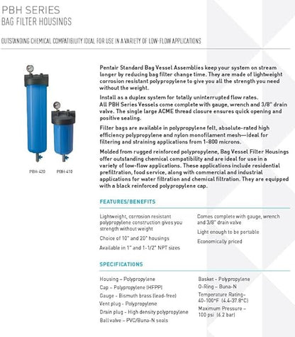 Pentair Pentek 150360 PBH Big Blue Bag Filter Housing, 1" NPT #10 Bag Vessel Assembly with Gauge, Wrench and Drain Valve, 10-Inch, Black/Blue