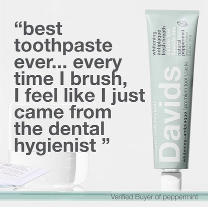 Davids Fluoride Free Toothpaste, Teeth Whitening, Antiplaque, SLS (Sulfate) Free, Promotes Enamel Health, Mouth & Gum Detox, EWG Verified, Peppermint, 5.25oz