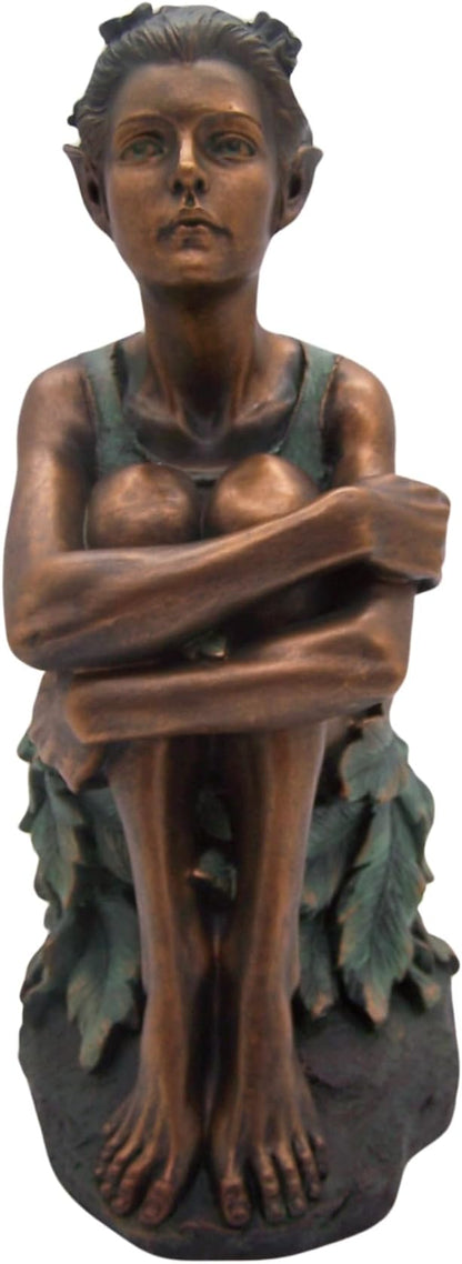 Copper Toned Fairy Holding Knees with Blue Accents Garden Statue, Whimsical Outdoor Decor, 13 Inches