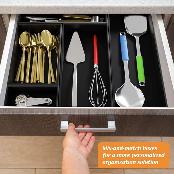 Black Bamboo Drawer Organizer - Silverware&Utensil Holder Organizer for Kitchen Drawers, Multi-Use Drawer Dividers Boxes for Bathroom Counter，Cabinet, Garage, Office Desk, Makeup, Jewelry (12*6*2.5)