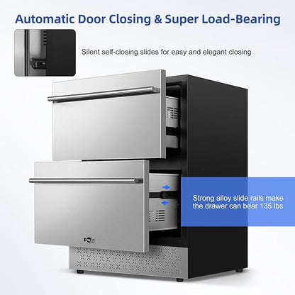 Tylza 24 Inch Under Counter Drawer Fridge, Built-in Beverage Refrigerator for Home and Commercial Use, Stainless Steel Door, Fast Cooling, Low Noise, 37-65 °F