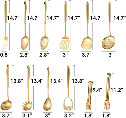 Gold Kitchen Utensils Set, 12 PCS Brass Matte Serving Utensils, 18/10 Stainless Steel All Metal Cooking Tools - Potato Masher, Tongs, Meat Fork, Spatula, Turner, Ladle, Skimmer, Spaghetti Spoon Set