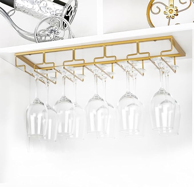 Wine Glass Rack - Under Cabinet Stemware Wine Glass Holder Glasses Storage Hanger 2 Pack Metal Organizer for Bar Kitchen 5 Rows Gold