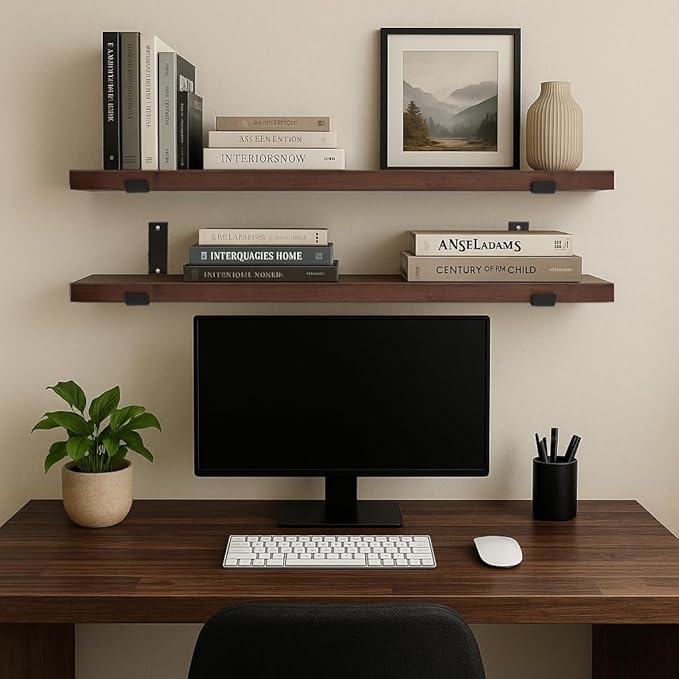 CONSDAN Floating Shelves for Wall Mounted Book Shelf Hanging Shelves Floating Bookshelf for Bedroom, Bathroom, Living Room, Kitchen USA Grown Solid Hardwood, Dark Maple 24x7.5x1.5 in (Set of 2)