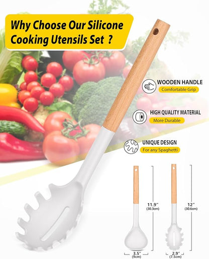 Silicone Pasta Fork and Ladle Spoon Set with Wooden Handle, Heat Resistant Non Stick Kitchen Utensils for Cooking, Stirring, Serving Spaghetti, Soup, Sauce(WHITE)