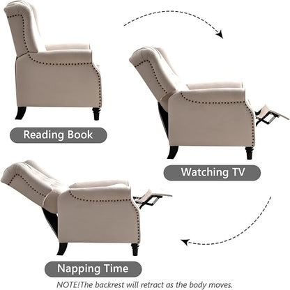 CANMOV Push Back Recliner Chair Set of 2, Elizabeth Fabric Recliner with Tufted Back Home Theater Seating w/Padded Seat and Nailhead Trim, Wooden Legs, Adjustable Single Sofa，White
