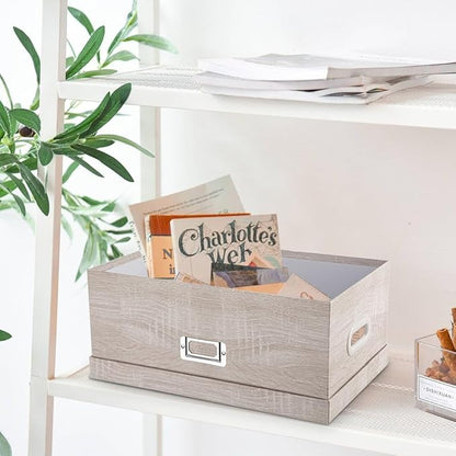 Briful Set of 2 Rustic Wood Grain Storage Boxes with Lids – Stackable Rectangular Organizer Bins, 14'' + 13'' Set Decorative Storage Containers for Bedroom, Living Room, Gifts