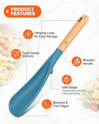 Cooking Spoon and Scraper for Nonstick Cookwares, Great for Cooking and Serving Durable BPA-Free Matte Silicone, Wood Handle Multifunction Spoon for Mixing, Scoop, and Scrape (BLUE)