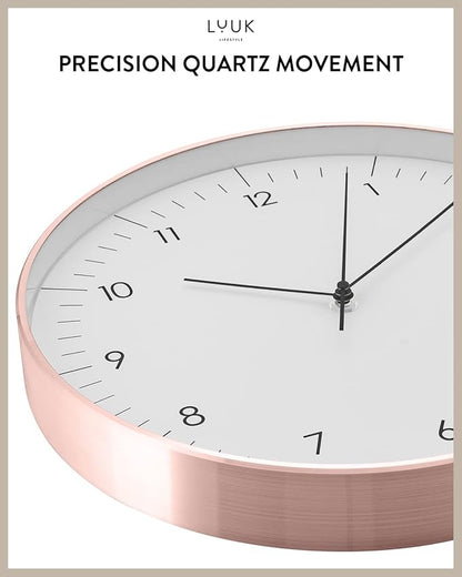 LUUK LIFESTYLE Timeless Wall Clock with Silent Movement and no Ticking, Elegant Design, for Children's Room, Living Room, Bathroom, 12”, White and Rosegold