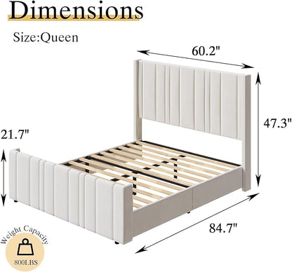 HOMBCK Queen Bed Frame Upholstered Platform Bed with Vertical Channel Tufted Headboard & Footboard, Wingback Design/Noise Free/No Box Spring Needed/Easy Assembly, Cream
