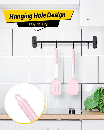 Pack of 2 Silicone Solid Turner, Non Stick Slotted Kitchen Spatulas, High Heat Resistant BPA Free Cooking Utensils, Ideal Cookware for Fish, Eggs, Pancakes(Pink)