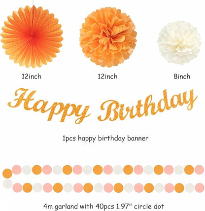 Orange Hippie Birthday Party-Decorations Paper-Flowers - 14pcs Happy Banner Fall Honeycomb Tissue Pom Poms,Boho Streamers Garland Fans,Sweet Peach Groovy Sunset Groovy Hanging Supplies Decor Hugfond
