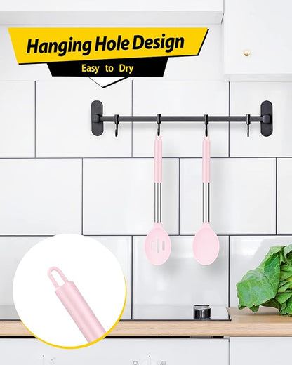 Pack of 2 Large Silicone Cooking Spoons,Non Stick Solid Basting Spoon,Heat-Resistant Kitchen Utensils for Mixing,Serving,Draining,Stirring (PINK)