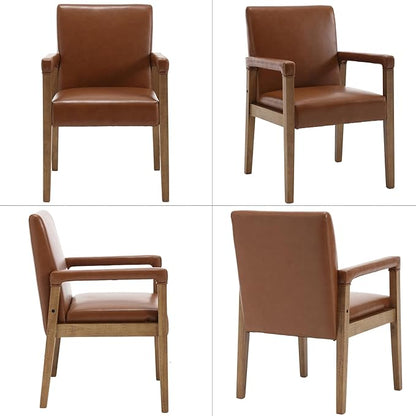 Kmax Modern Dining Chairs Set of 6 Faux Leather Kitchen Arm Chairs Upholstered Accent Chairs with Wooden Legs for Dining Room, Living Room, Bedroom, Brown