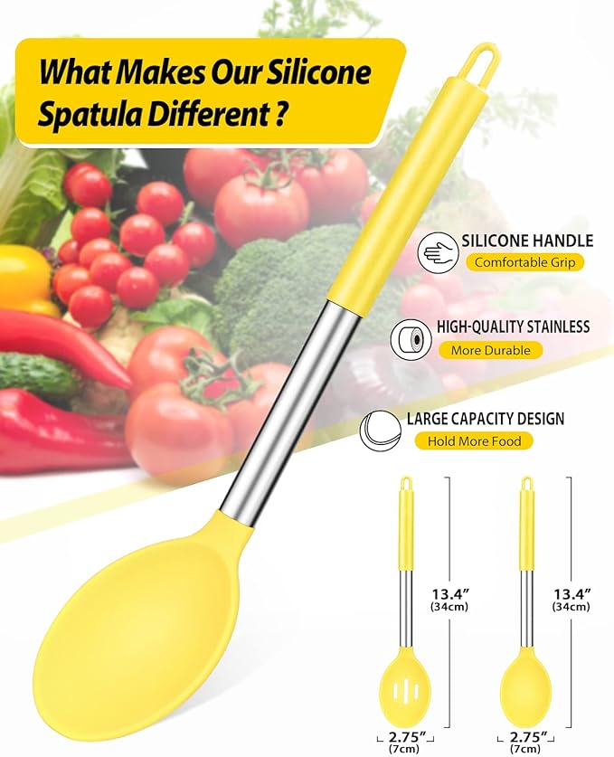 Pack of 2 Large Silicone Cooking Spoons,Non Stick Solid Basting Spoon,Heat-Resistant Kitchen Utensils for Mixing,Serving,Draining,Stirring (YELLOW)
