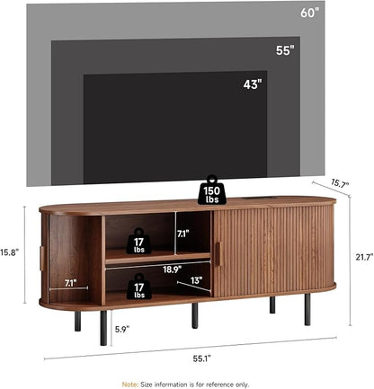 TV Stand with Power Outlet, Mid-Century Modern Television Stand, Media Console with Sliding Doors, Entertainment Center for TVs up to 60 Inch, Adjustable Shelves, Walnut